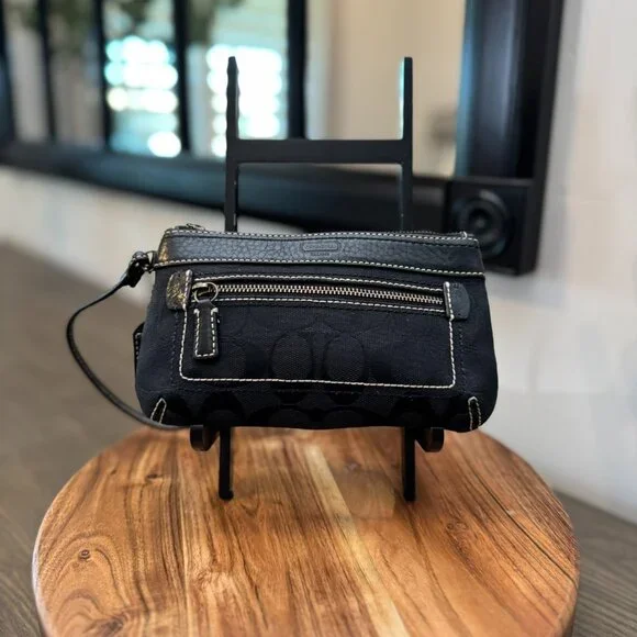 Coach Signature C Black Jacquard Wristlet Clutch — Detachable Strap, Zip-Top - Picture 6 of 9